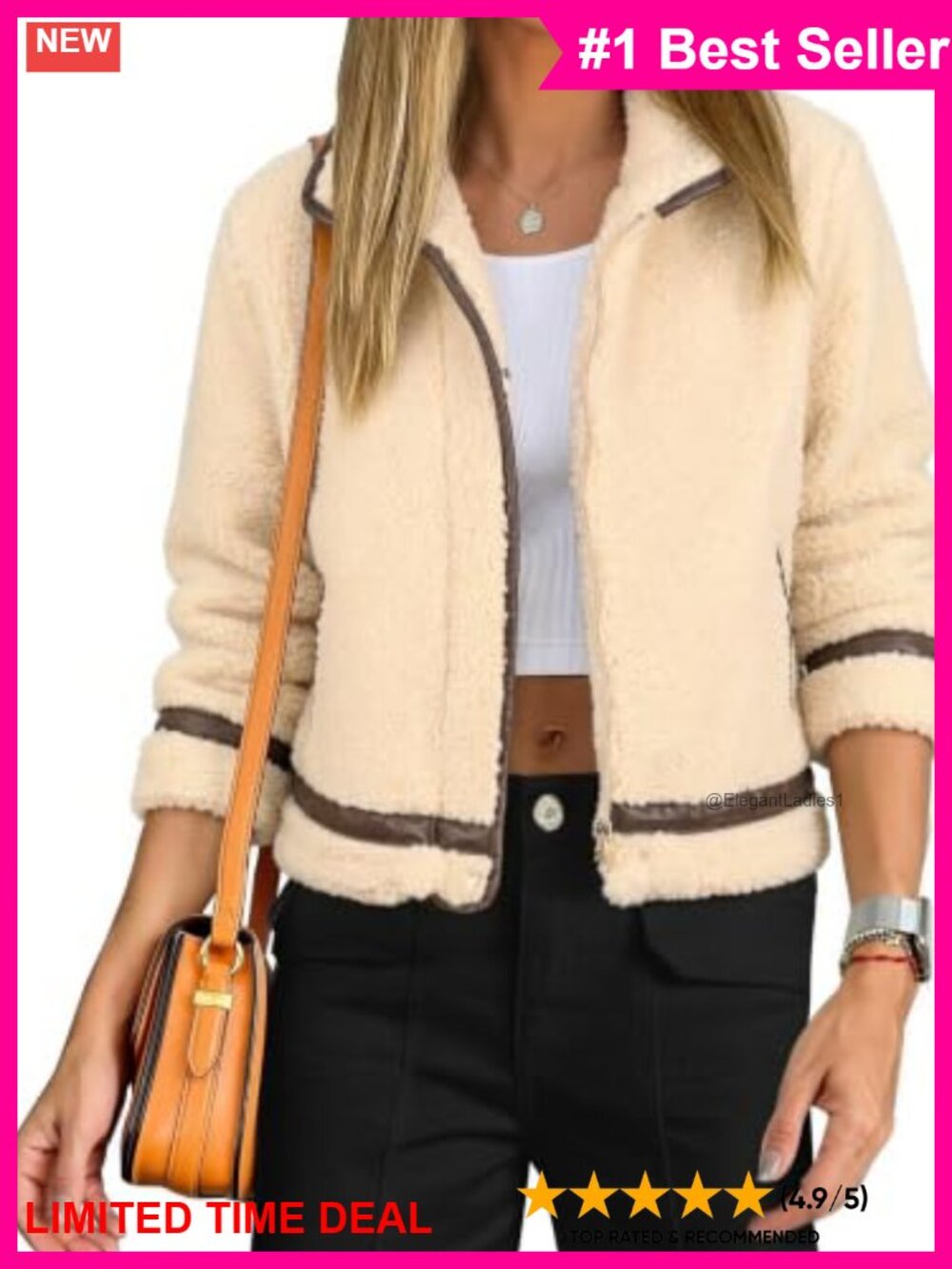 Cropped Sherpa Fleece Jacket Faux Leather Trim Full Zip Winter Coat